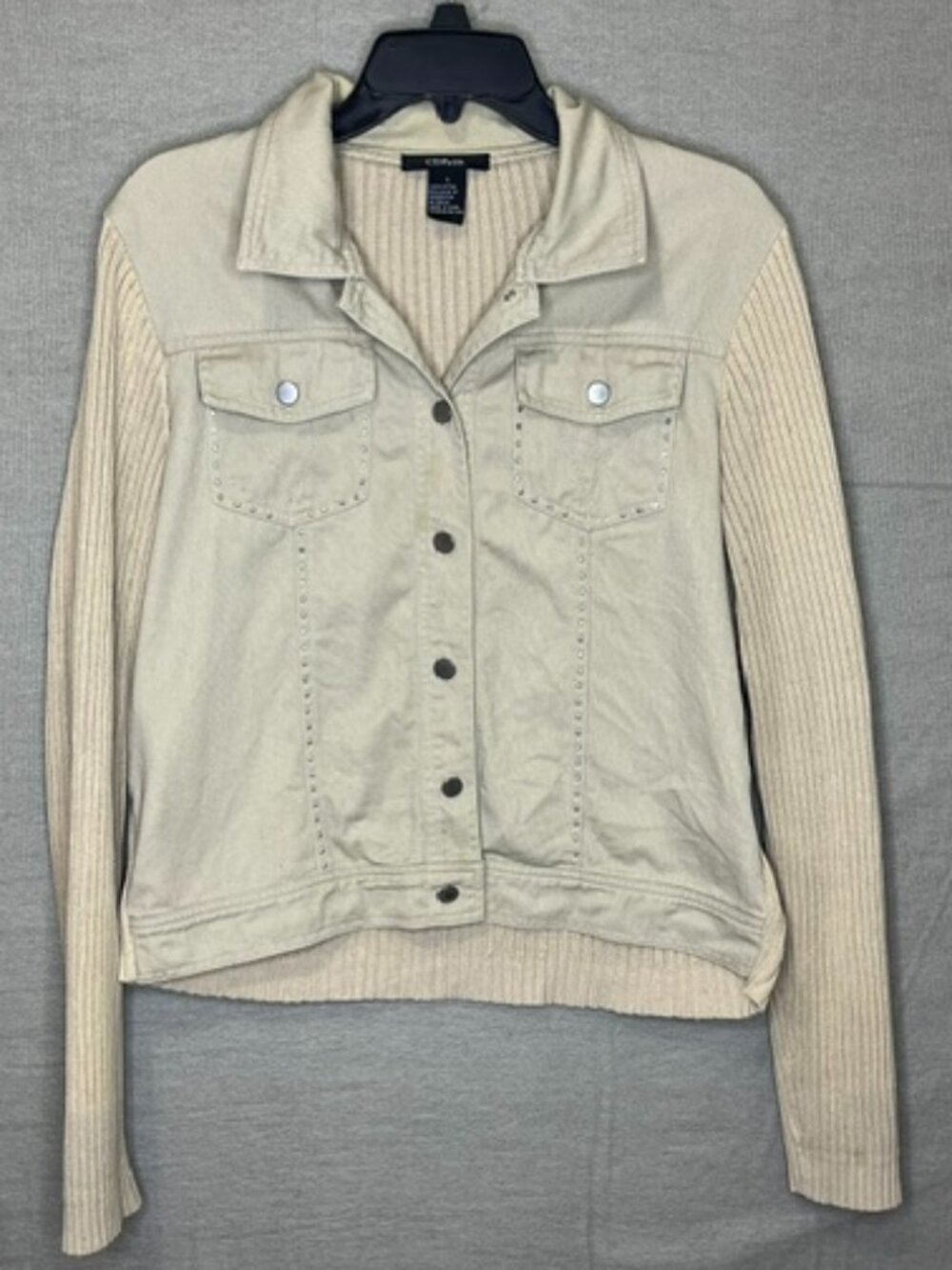 CDP & Co Beige Button Up Utility Sweater Jacket Ribbed Knit Sleeves & Back Sz L